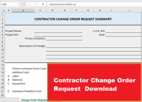 Contractor Change Order Request Excel for Project Management