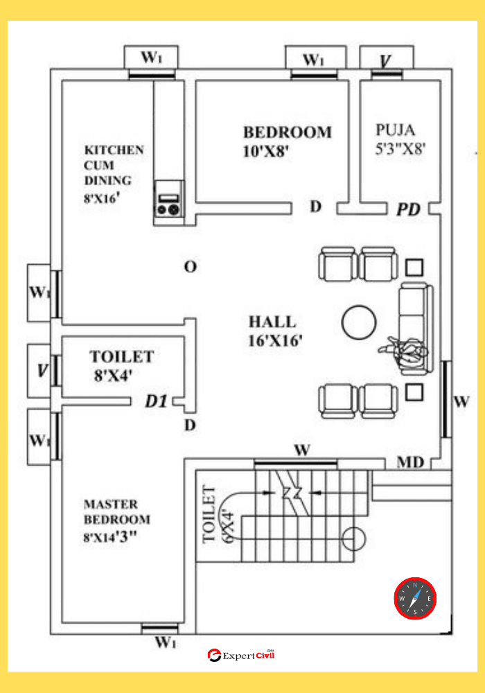 2BHK South Facing House Vastu Plan